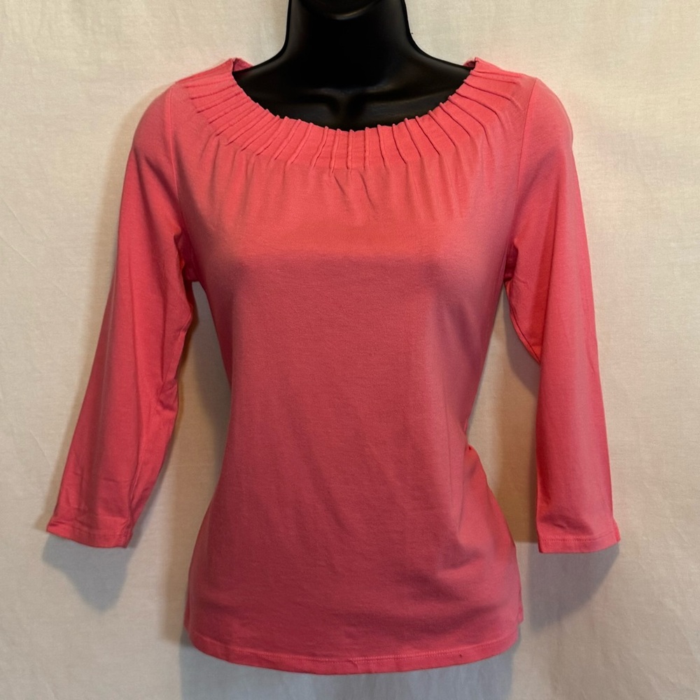 E-155 Talbots Pink 1/2 Sleeve Pleated Neck Pullover Blouse Size SP
